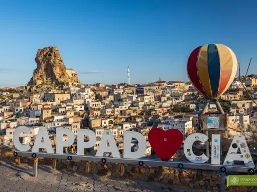 Cappadocia, Turcja zwiedzanie na własną rękę. Balon i napis "Cappadocia" na tle skalnych domów i twierdzy.