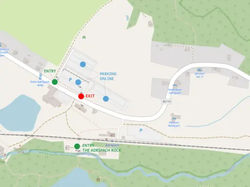 Mapa Adršpach: wejście, wyjście i parking online. Znajdź drogę do skalnego miasta i zaplanuj swój parking.