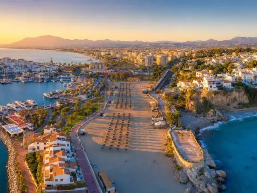 Widok na port jachtowy i plażę w słoneczny dzień. Idealne miejsce, by odkryć, co warto zobaczyć na Costa del Sol.