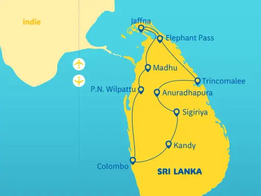Mapa turystyczna Sri Lanki z zaznaczonymi miastami: Kolombo, Kandy, Sigiriya, Anuradhapura, Trincomalee, Madhu, P.N. Wilpattu, Jaffna, Elephant Pass.