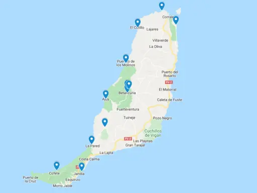 Mapa Fuerteventury z zaznaczonymi miejscowościami: Corralejo, El Cotillo, Puerto del Rosario, Betancuria, Ajuy, Costa Calma, Morro Jable.
