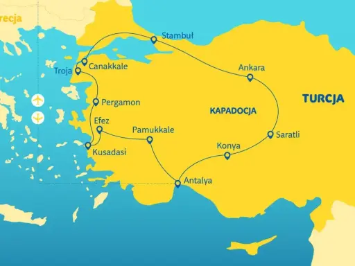 Mapa turystyczna Turcji z zaznaczonymi miastami: Stambuł, Ankara, Kapadocja, Konya, Antalya, Pamukkale, Efez, Pergamon, Troja, Canakkale i Kusadasi.