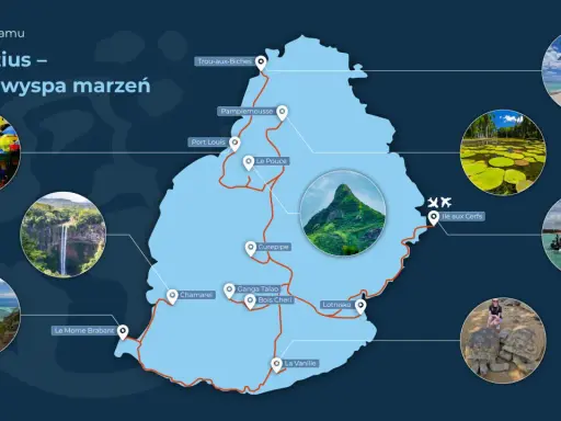 Mapa pokazuje, gdzie leży Mauritius, z zaznaczonymi atrakcjami: plaże, wodospady, jeziora, góry i żółwie.