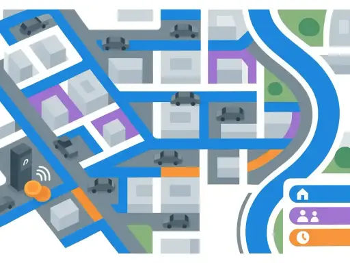 Mapa miasta z samochodami i drogami. Widać darmowy parking Praga z monetami i parkomatem.