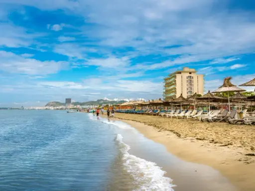 Słoneczna plaża w Durrës, Albania, z rzędami leżaków i parasoli. W tle widać hotel i miasto, a na pierwszym planie falujące morze. Idealne miejsce na wakacje i odkrywanie atrakcji.