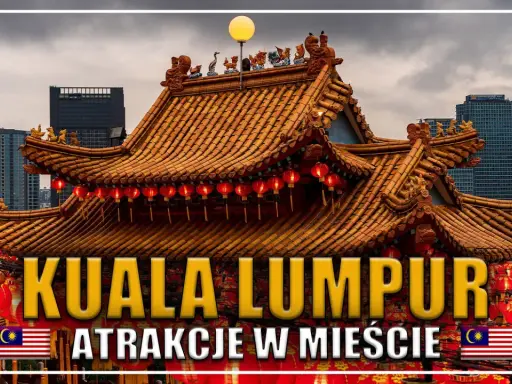 Tradycyjna świątynia z czerwonymi lampionami w Kuala Lumpur, otoczona nowoczesnymi wieżowcami.