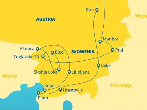 Trasa podróży po Słowenii na 5 dni: od Alp Julijskich (Planica, Triglavski P.N.) przez Bled, Lublanę, wybrzeże (Piran, Koper) po Maribor i Ptuj.
