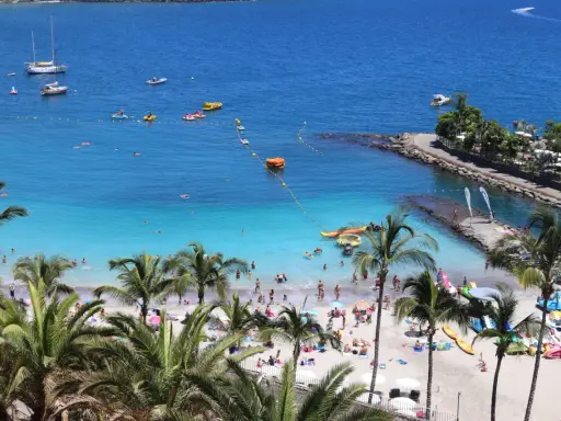 Słoneczne gran canaria plaże pełne ludzi, łodzi i palm. Błękitna woda zaprasza do kąpieli i wodnych zabaw.