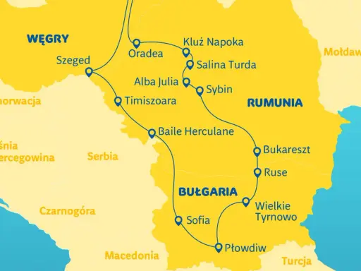 Mapa pokazuje trasę **rumunia wycieczki objazdowe** przez miasta takie jak Kluż Napoka, Sybin, Bukareszt i Płowdiw.