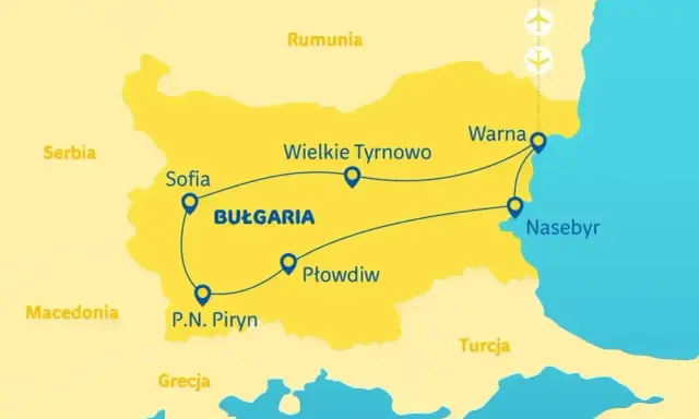 Mapa turystyczna Bułgarii z zaznaczonymi trasami zwiedzania: Sofia, Płowdiw, P.N. Piryn, Wielkie Tyrnowo, Warna, Neseber. Idealna do planowania, co zwiedzić w Bułgarii.