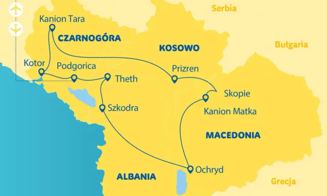 Mapa pokazuje trasę podróży przez Bałkany: Czarnogóra, Kosowo, Macedonia, Albania.