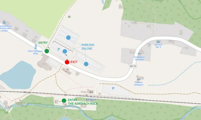 Mapa Adršpach: wejście, wyjście i parking online. Znajdź drogę do skalnego miasta i zaplanuj swój parking.