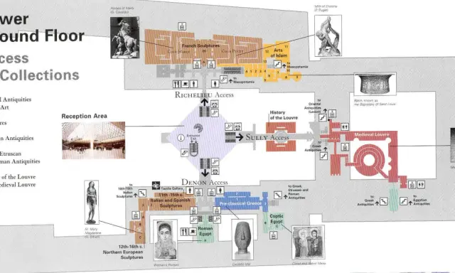 Plan zwiedzania Luwru: dolny parter z dostępem do kolekcji: antyki orientalne, rzeźby, historia Luwru, sztuka islamu, starożytna Grecja, Egipt.