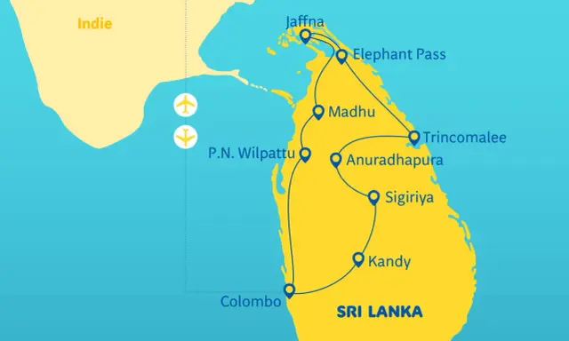 Mapa turystyczna Sri Lanki z zaznaczonymi miastami: Kolombo, Kandy, Sigiriya, Anuradhapura, Trincomalee, Madhu, P.N. Wilpattu, Jaffna, Elephant Pass.