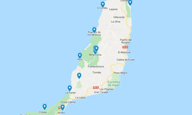 Mapa Fuerteventury z zaznaczonymi miejscowościami: Corralejo, El Cotillo, Puerto del Rosario, Betancuria, Ajuy, Costa Calma, Morro Jable.