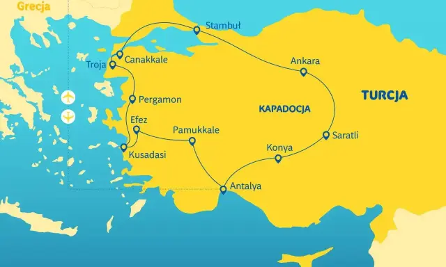 Mapa turystyczna Turcji z zaznaczonymi miastami: Stambuł, Ankara, Kapadocja, Konya, Antalya, Pamukkale, Efez, Pergamon, Troja, Canakkale i Kusadasi.