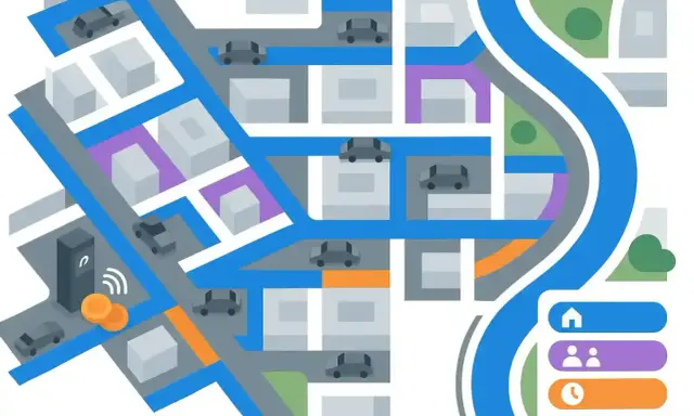Mapa miasta z samochodami i drogami. Widać darmowy parking Praga z monetami i parkomatem.