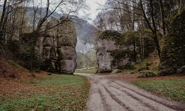 Droga przez skalne wrota, niczym brama krakowska w Ojcowie, zaprasza w głąb lasu.