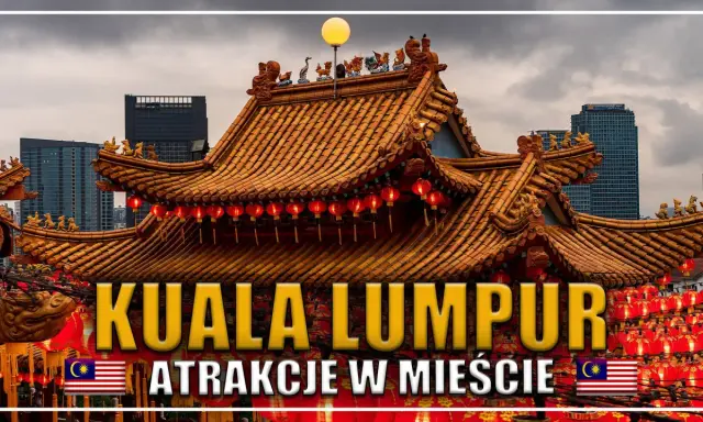 Tradycyjna świątynia z czerwonymi lampionami w Kuala Lumpur, otoczona nowoczesnymi wieżowcami.