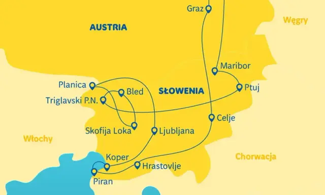 Trasa podróży po Słowenii na 5 dni: od Alp Julijskich (Planica, Triglavski P.N.) przez Bled, Lublanę, wybrzeże (Piran, Koper) po Maribor i Ptuj.