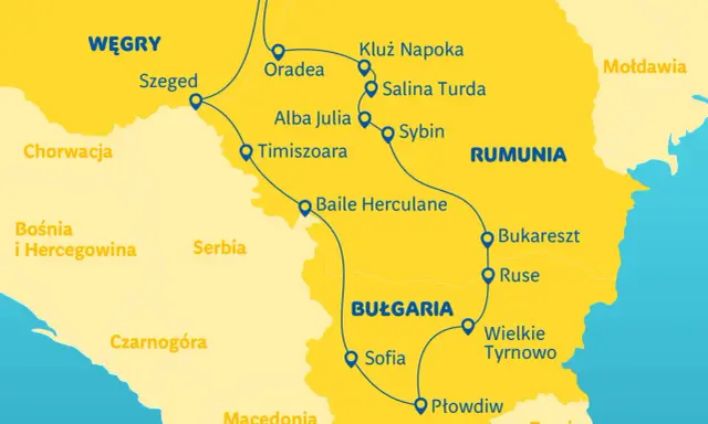 Mapa pokazuje trasę **rumunia wycieczki objazdowe** przez miasta takie jak Kluż Napoka, Sybin, Bukareszt i Płowdiw.