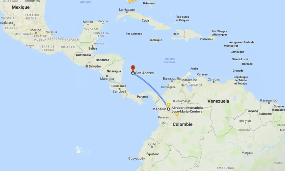 Trasa lotu z Medellín do San Andrés na mapie Ameryki Środkowej i Południowej.