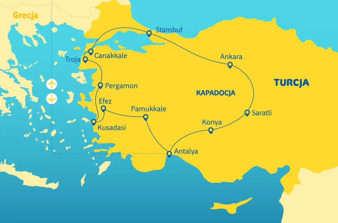 Mapa pokazuje trasę podróży po Turcji: Stambuł, Ankara, Kapadocja, Konya, Antalya, Pamukkale, Efez, Kusadasi, Pergamon, Troja, Canakkale. Idealna do turcja zwiedzanie na własną rękę.