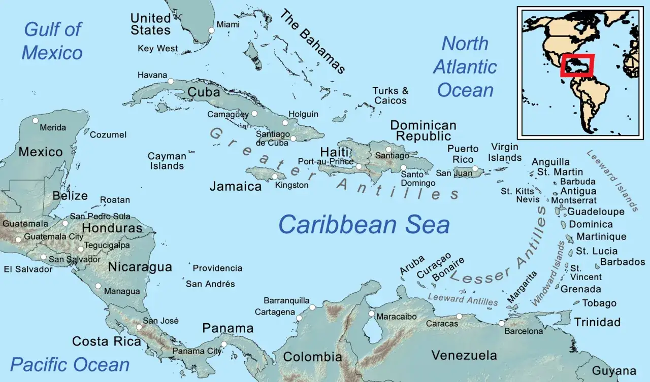 Mapa Karaibów: Dominikana leży na Morzu Karaibskim, na wschód od Haiti.