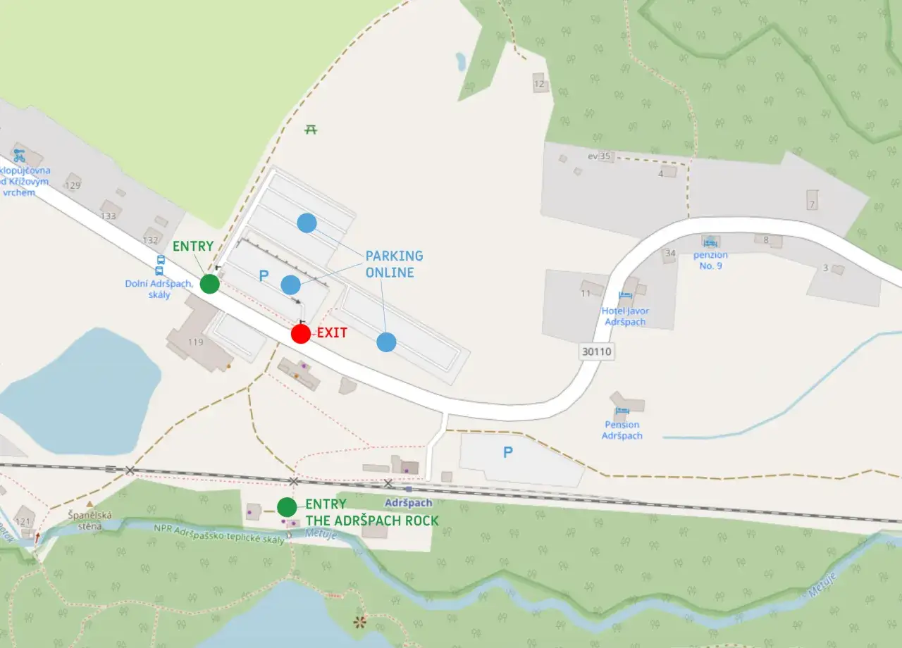 Mapa Adršpach: wejście, wyjście i parking online. Znajdź drogę do skalnego miasta i zaplanuj swój parking.