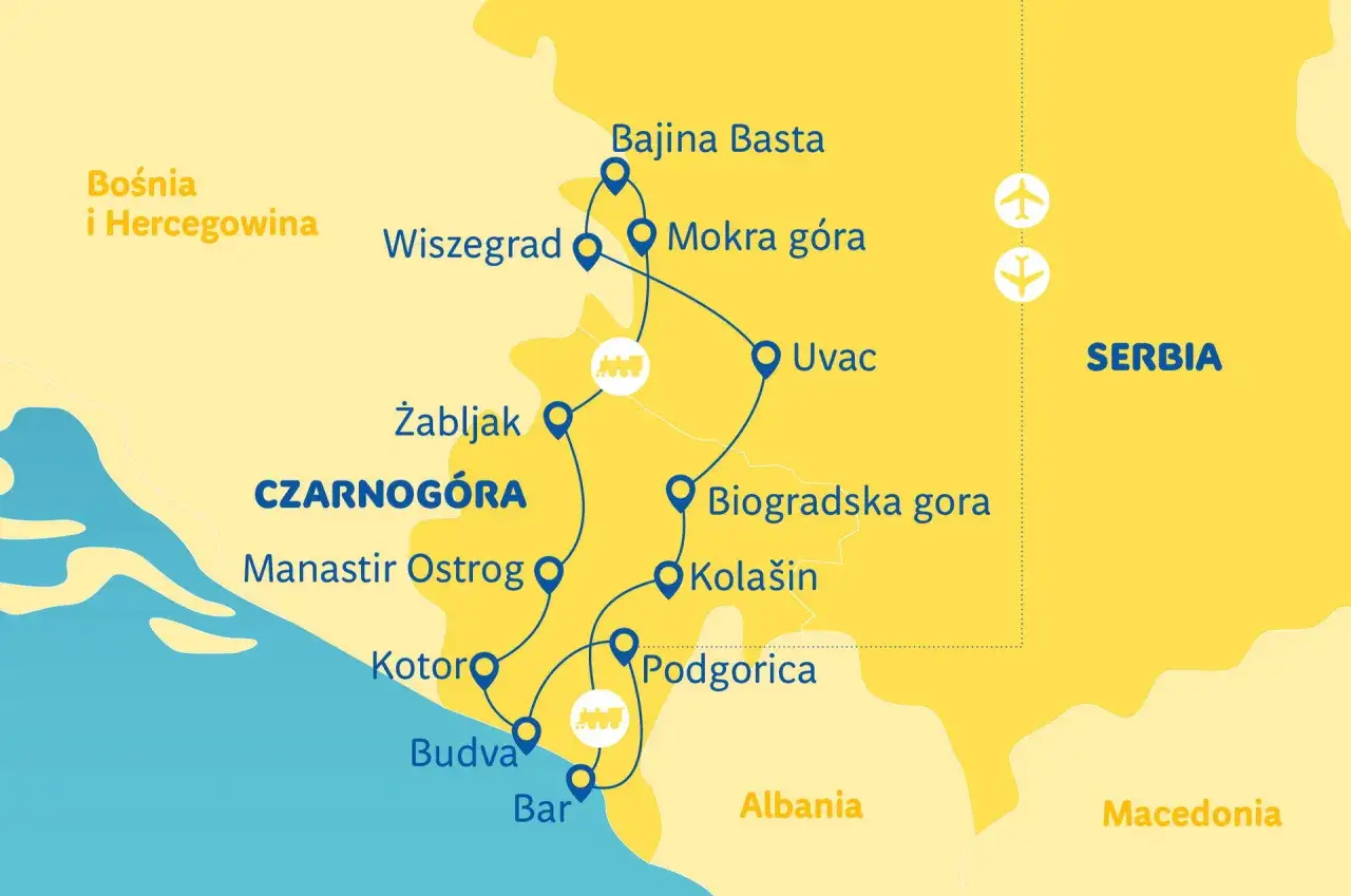 Mapa pokazuje trasę podr&oacute;ży przez Czarnog&oacute;rę, z zaznaczonymi miastami jak Kotor, Budva, Podgorica, Żabljak, oraz sąsiednie kraje: Bośnia i Hercegowina, Serbia, Albania.