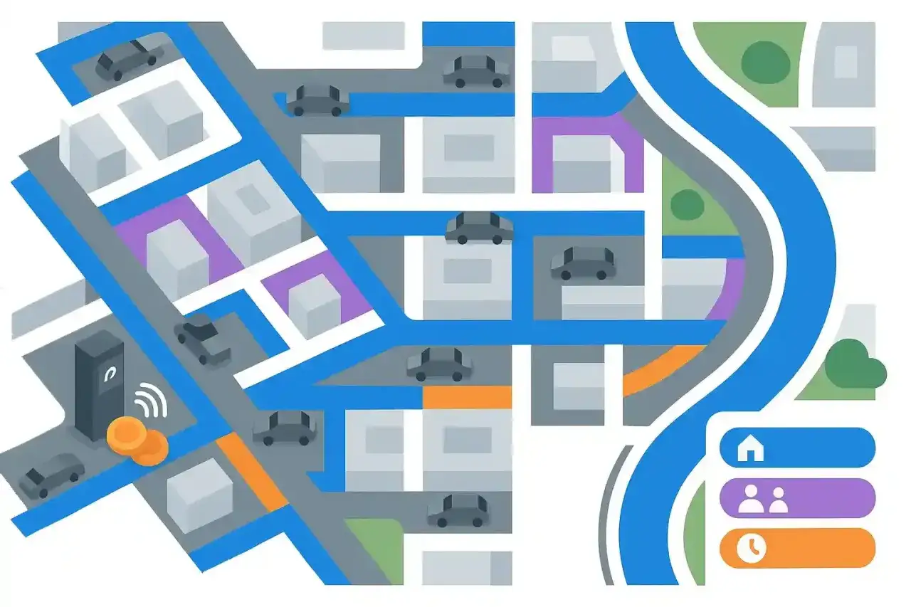 Mapa miejska z samochodami i ikonami. Znajdź darmowy parking Praga, łatwo i szybko.