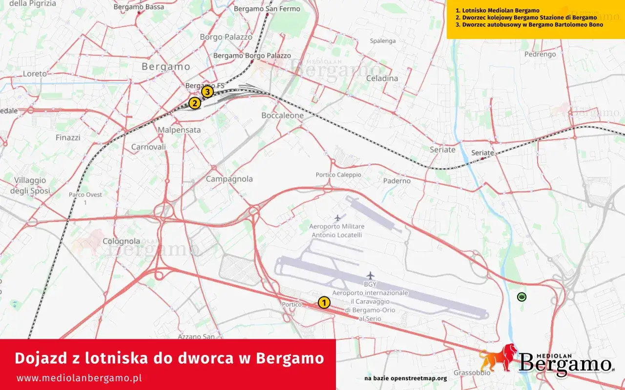 Mapa pokazuje dojazd z lotniska Mediolan Bergamo do dworca kolejowego i autobusowego. Pociąg jest kluczowy dla podróży.