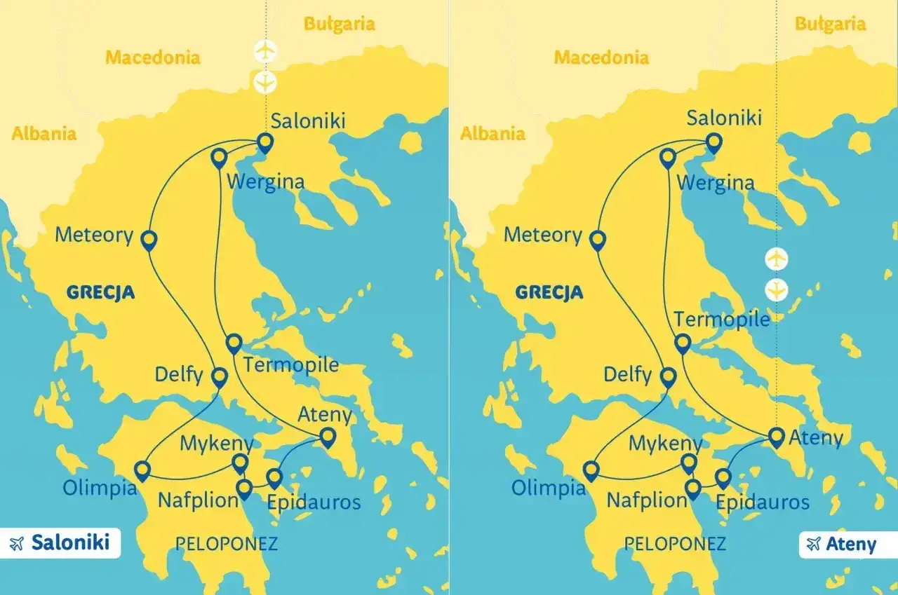 Mapa Grecji z zaznaczonymi trasami i atrakcjami: Saloniki, Meteory, Delfy, Ateny, Olimpia. Idealna do planowania podróży!