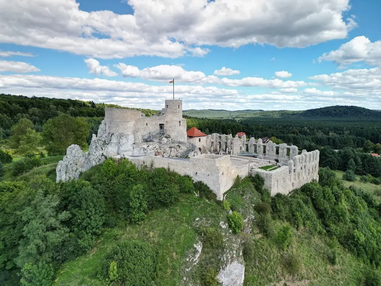 Kamienny zamek na skale, otoczony zielenią. Olkusz zamek góruje nad lasami, z dumą wznosząc swoją wieżę pod błękitnym niebem.
