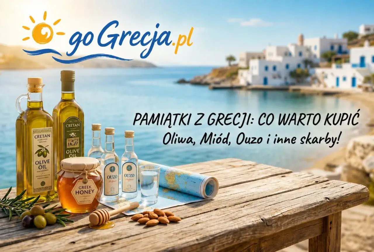 Oliwa, mi&oacute;d, ouzo &ndash; pamiątki z Grecji, kt&oacute;re warto przywieźć. Na stole obok mapy i kieliszka stoją butelki greckich specjał&oacute;w.