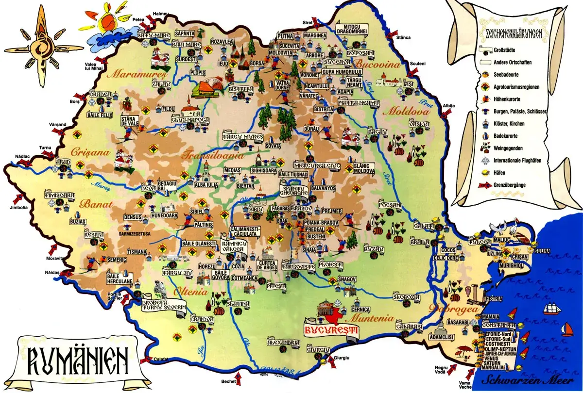 Mapa turystyczna Rumunii z zaznaczonymi atrakcjami, idealna na rumunia wycieczki objazdowe.