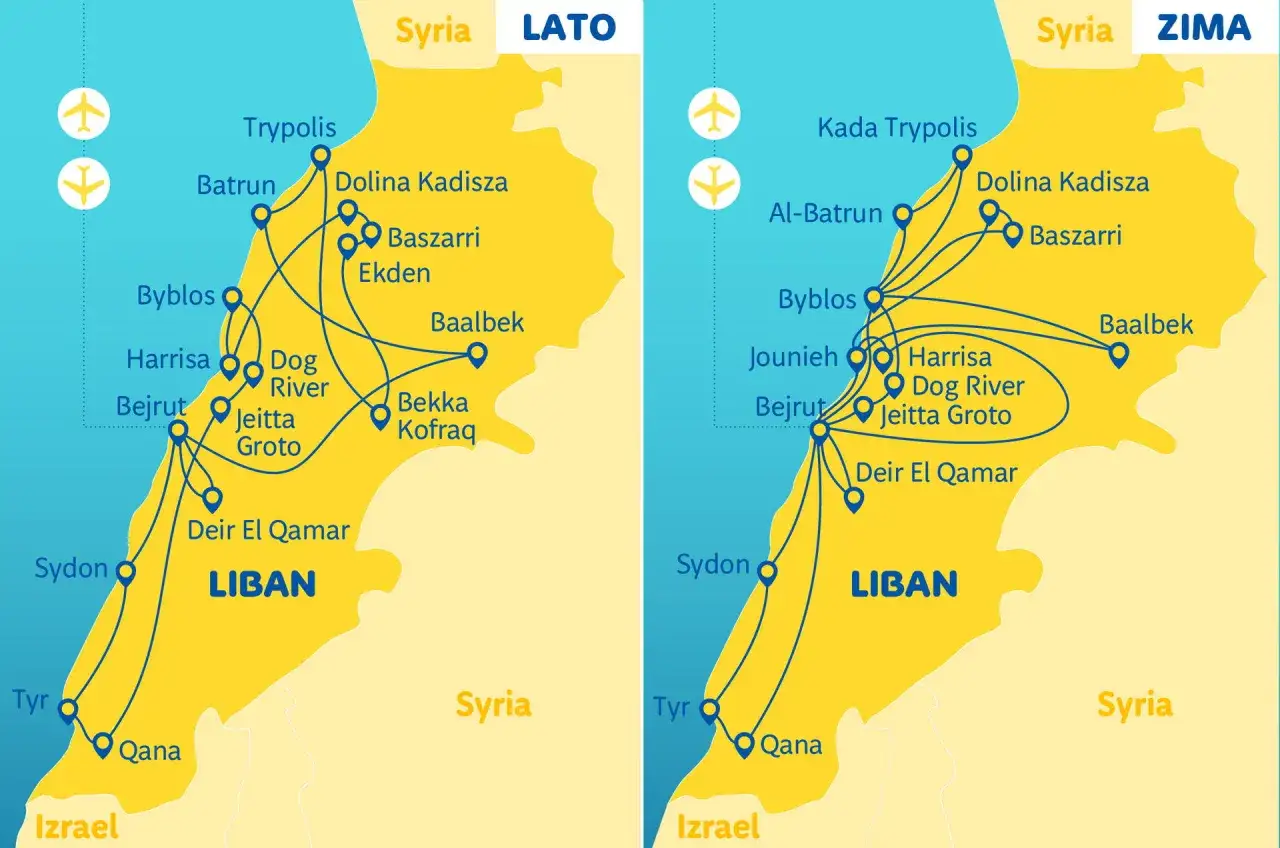 Mapy Libanu z trasami turystycznymi na lato i zimę. Zobacz Trypolis, Byblos, Bejrut, Baalbek i inne atrakcje.
