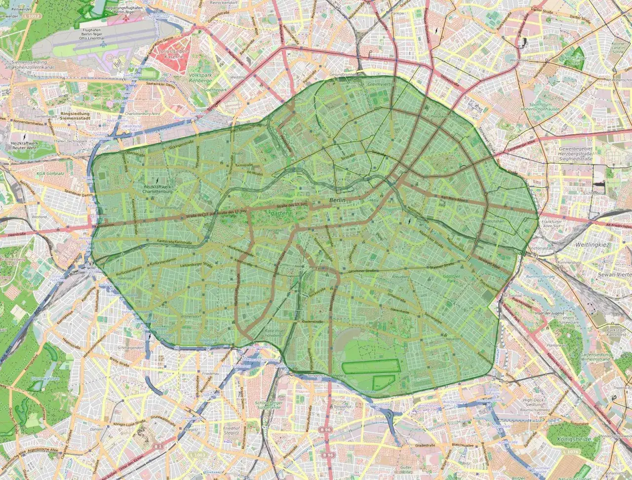 Mapa Berlina z zaznaczoną zieloną strefą płatnego parkowania.