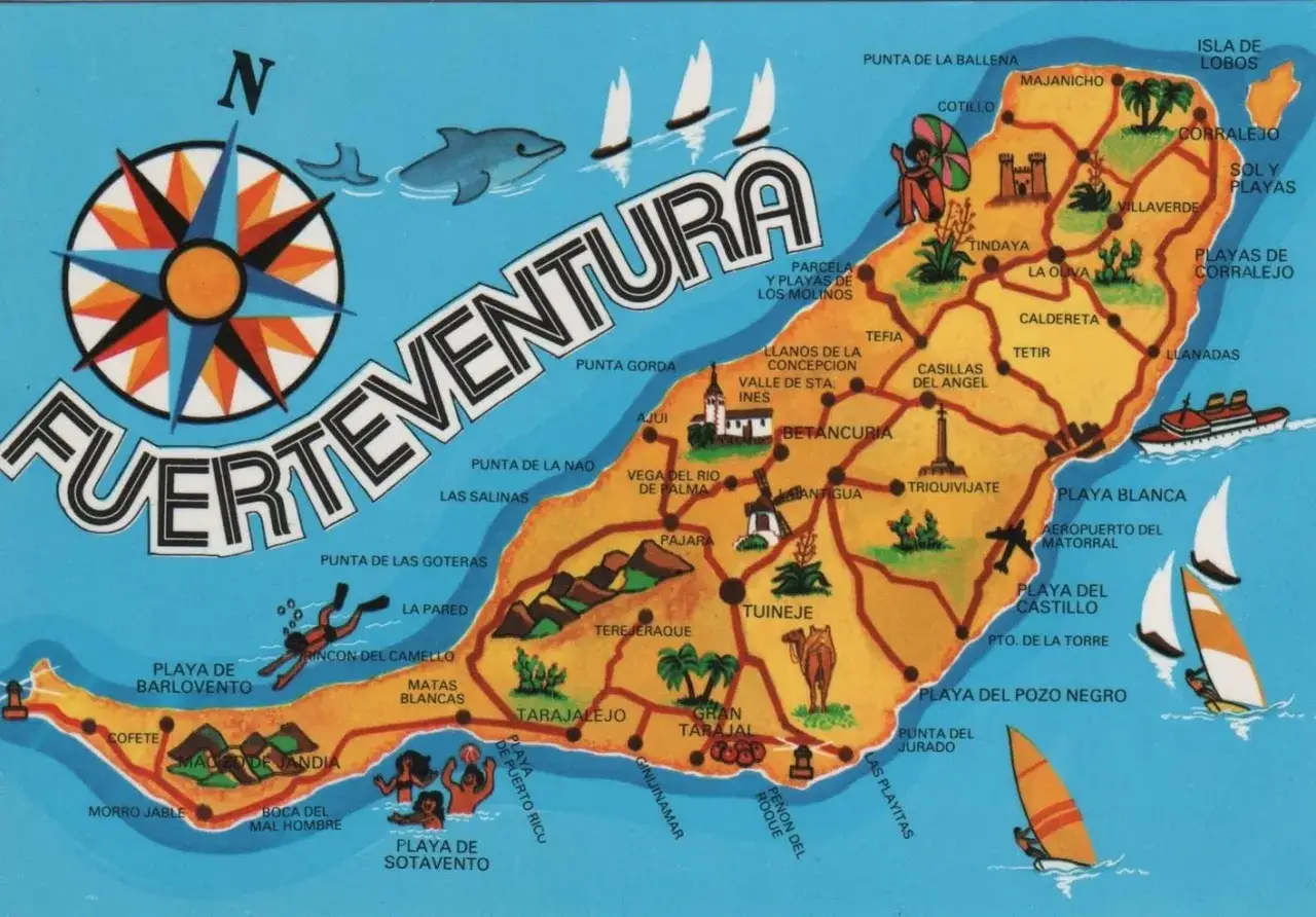 Fuerteventura, gdzie to jest? Mapa wyspy z zaznaczonymi plażami, miasteczkami i atrakcjami, idealna na wakacje.