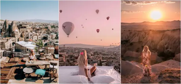 Kapadocja wycieczka objazdowa: widok na miasto z tarasu, balony na niebie i kobieta w krajobrazie.
