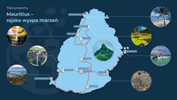 Mapa pokazuje, gdzie leży Mauritius, z zaznaczonymi atrakcjami: plaże, wodospady, jeziora, góry i żółwie.